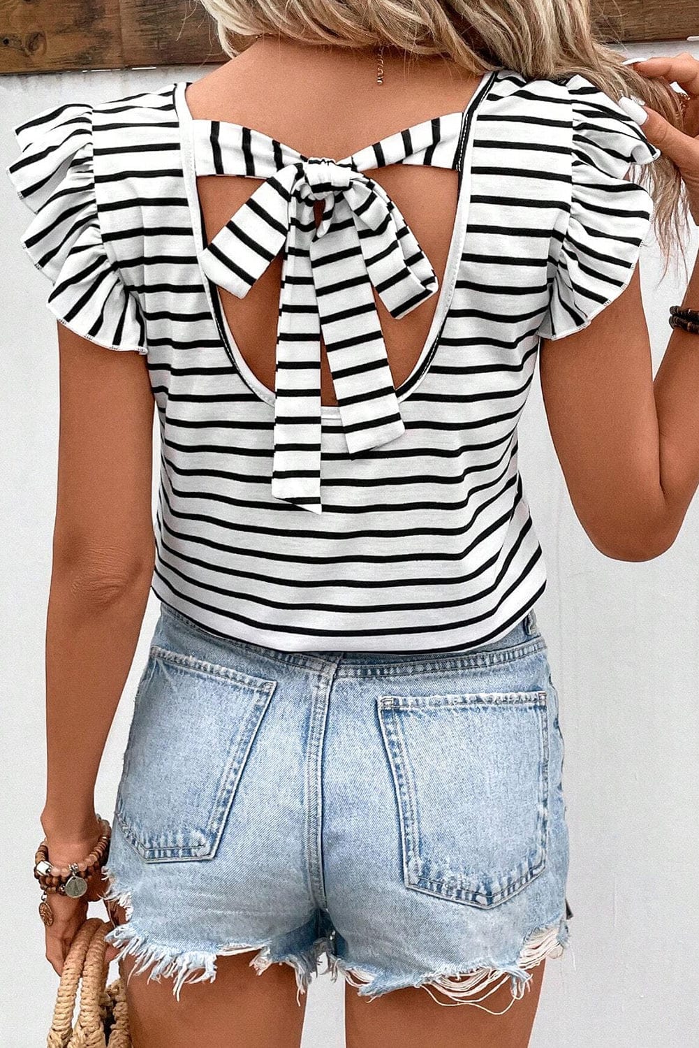 Trendsi Tied Striped V-Neck Cap Sleeve T-Shirt Tied Striped V-Neck Cap Sleeve T-Shirt