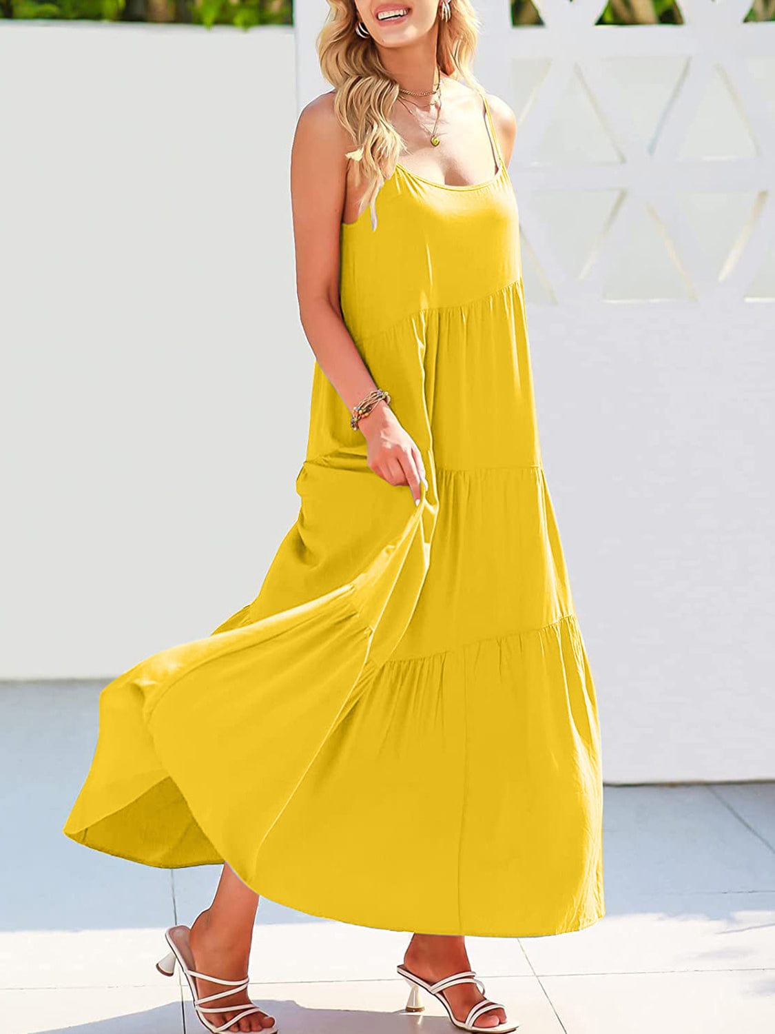 Trendsi True Yellow / S Full Size Ruched Tiered Spaghetti Strap Dress Full Size Ruched Tiered Spaghetti Strap Dress