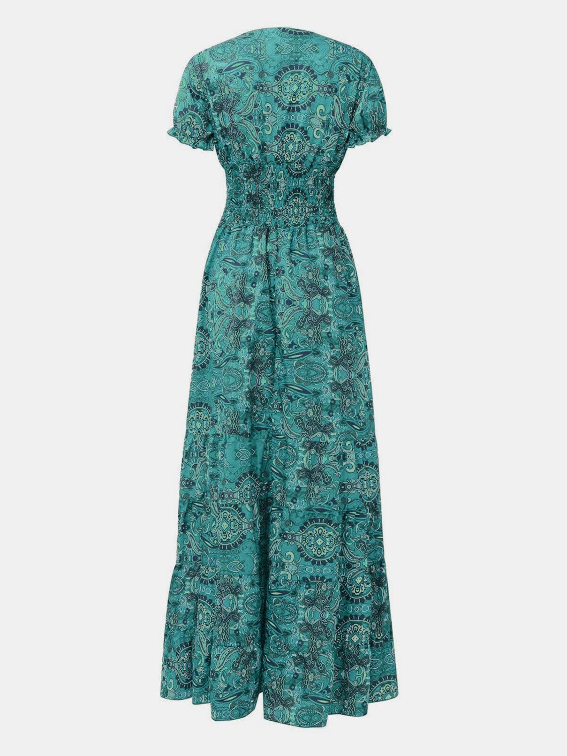 Trendsi Turquoise / S Full Size Smocked Printed V-Neck Short Sleeve Dress Full Size Smocked Printed V-Neck Short Sleeve Dress