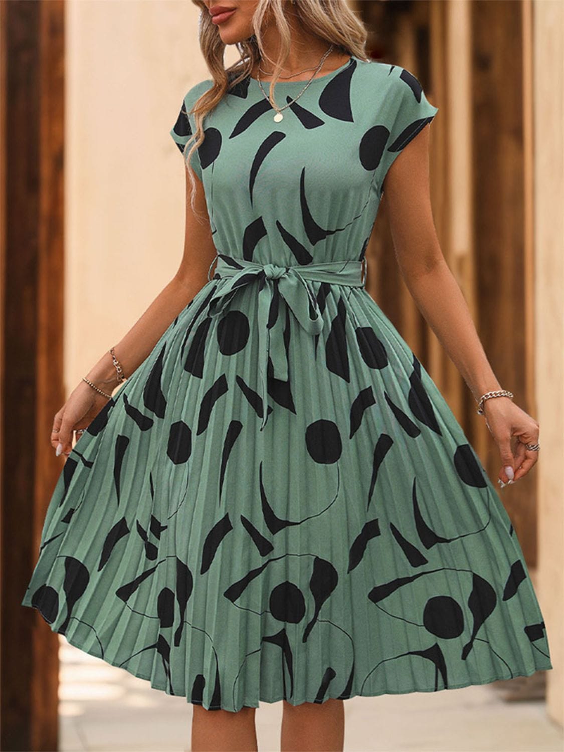 Trendsi Turquoise / S Tied Pleated Printed Cap Sleeve Dress Tied Pleated Printed Cap Sleeve Dress