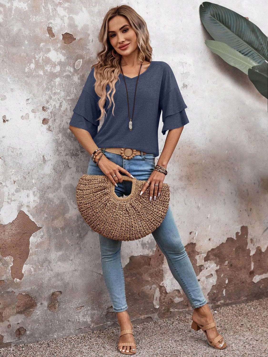 Trendsi V-Neck Half Sleeve Blouse V-Neck Half Sleeve Blouse