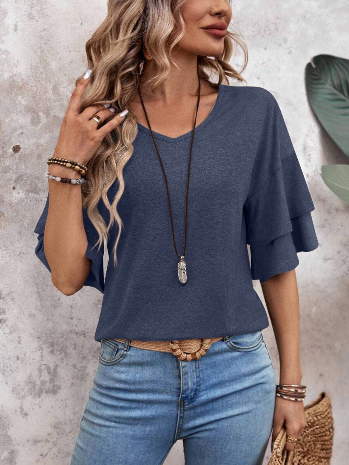 Trendsi V-Neck Half Sleeve Blouse V-Neck Half Sleeve Blouse