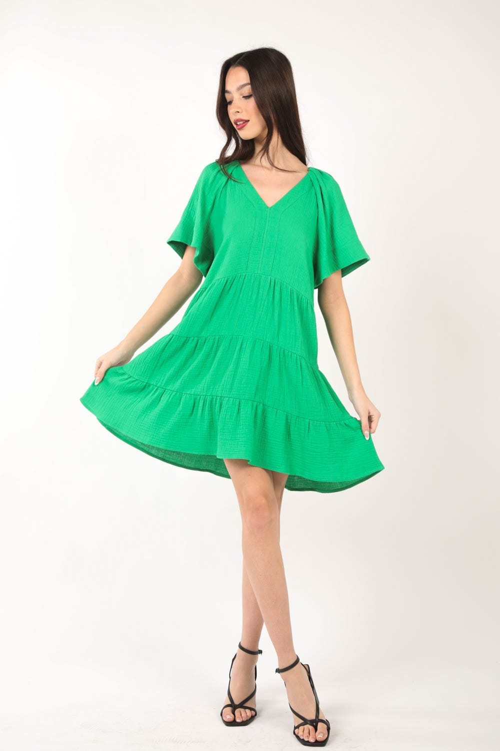 Trendsi VERY J Texture V-Neck Ruffled Tiered Dress VERY J Texture V-Neck Ruffled Tiered Dress