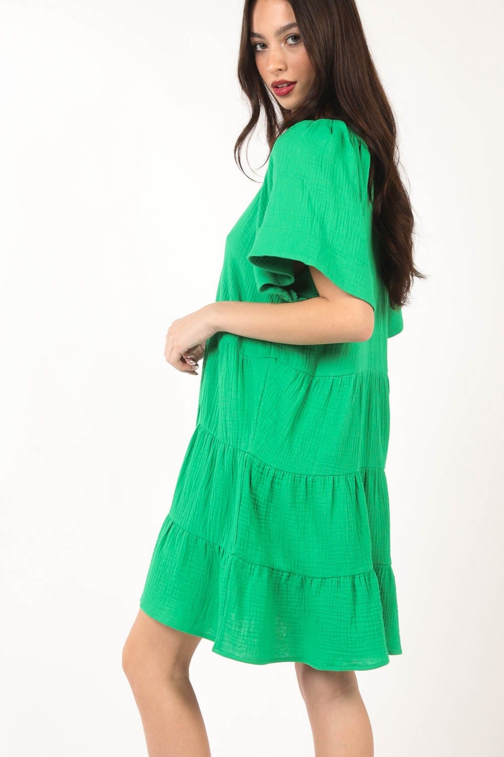 Trendsi VERY J Texture V-Neck Ruffled Tiered Dress VERY J Texture V-Neck Ruffled Tiered Dress