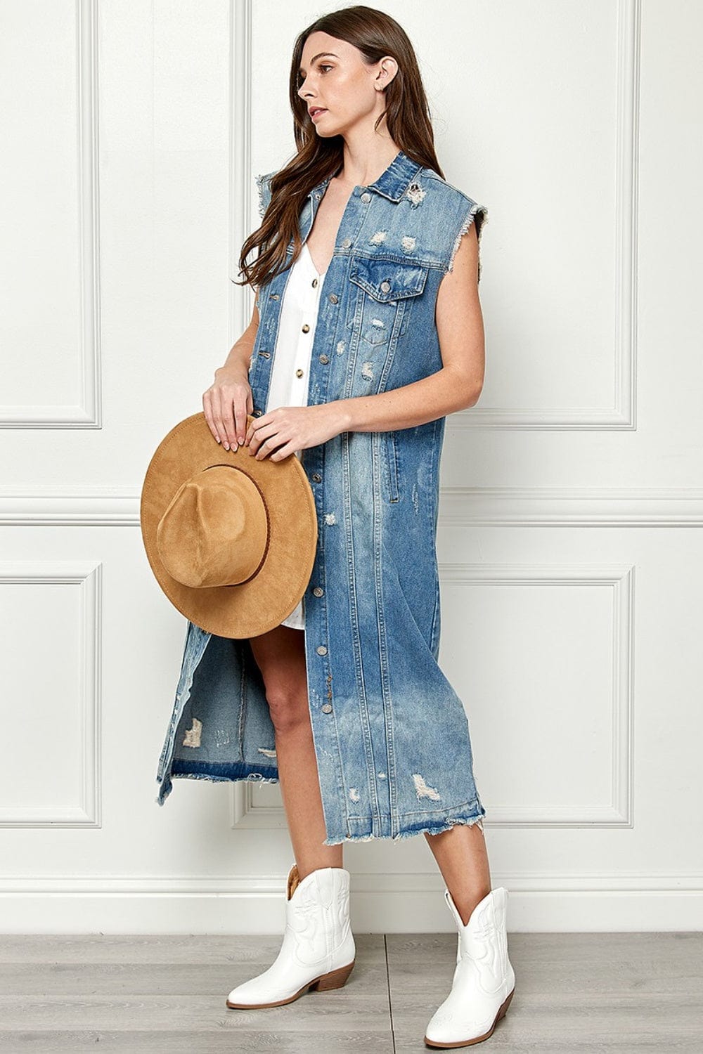 Trendsi Veveret Full Size Distressed Sleeveless Longline Denim Jacket Veveret Full Size Distressed Sleeveless Longline Denim Jacket