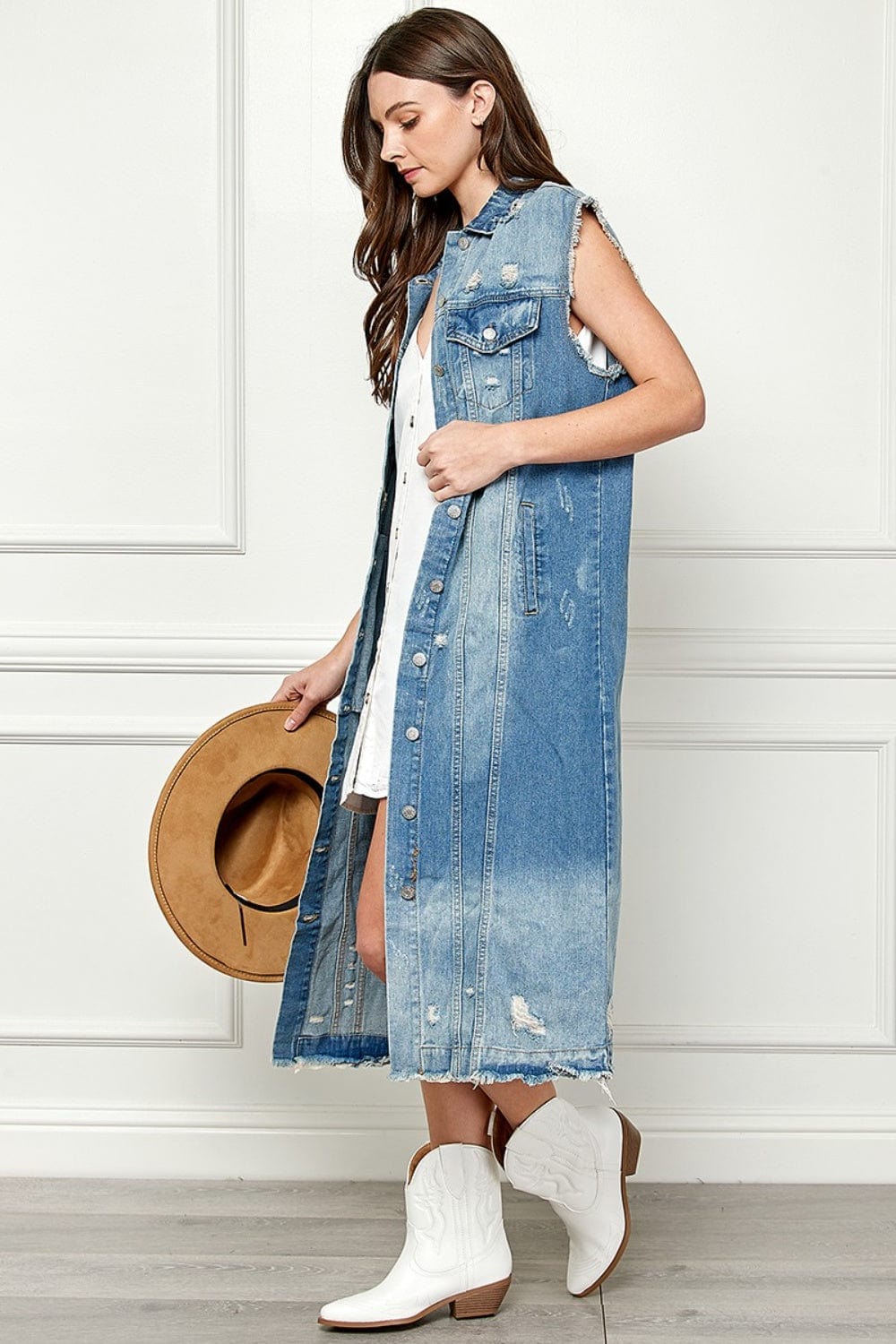 Trendsi Veveret Full Size Distressed Sleeveless Longline Denim Jacket Veveret Full Size Distressed Sleeveless Longline Denim Jacket