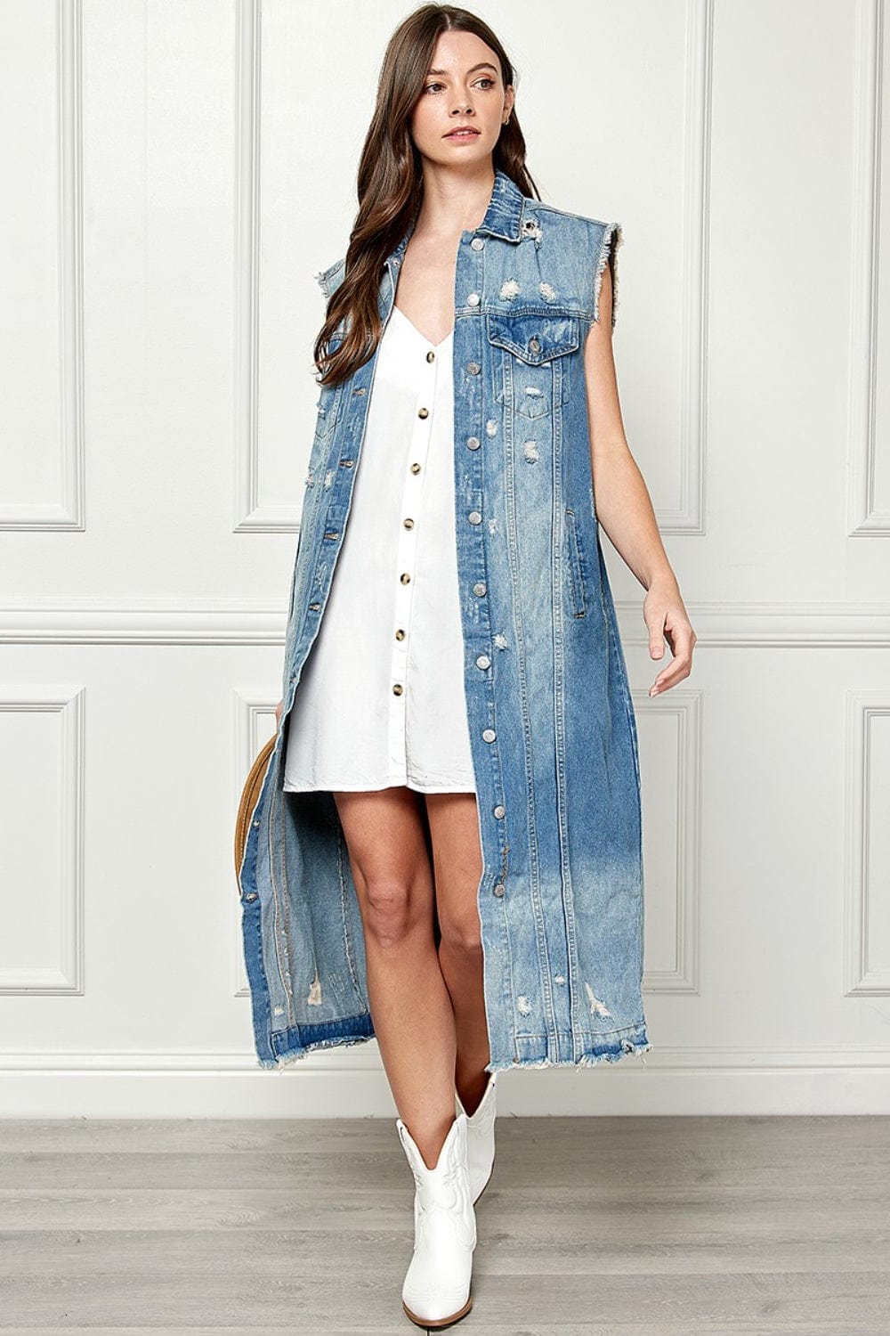 Trendsi Veveret Full Size Distressed Sleeveless Longline Denim Jacket Veveret Full Size Distressed Sleeveless Longline Denim Jacket