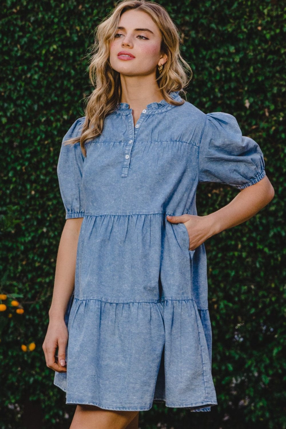 Trendsi Washed Denim / S ODDI Washed Tiered Mini Denim Dress ODDI Washed Tiered Mini Denim Dress