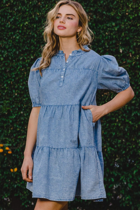 Trendsi Washed Denim / S ODDI Washed Tiered Mini Denim Dress ODDI Washed Tiered Mini Denim Dress