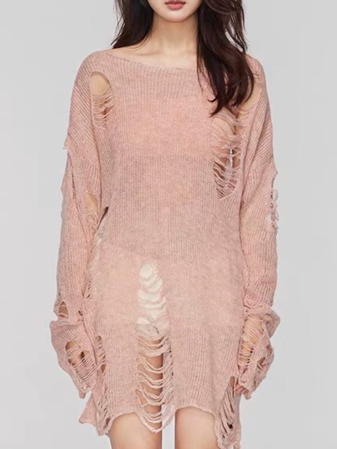 Trendsi Watermelon pink / S Distressed Boat Neck Knit Cover Up Distressed Boat Neck Knit Cover Up