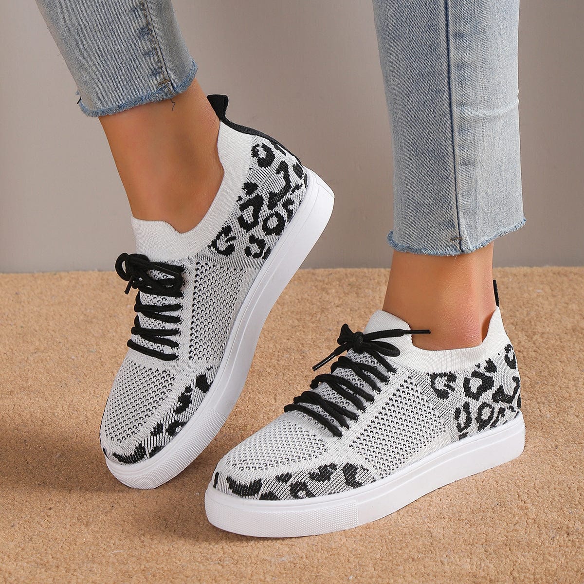 Trendsi White / 36(US5) Lace-Up Leopard Flat Sneakers Lace-Up Leopard Flat Sneakers