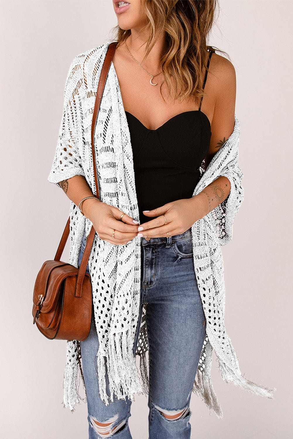 Trendsi White / One Size Openwork Open Front Cardigan with Fringes Openwork Open Front Cardigan with Fringes