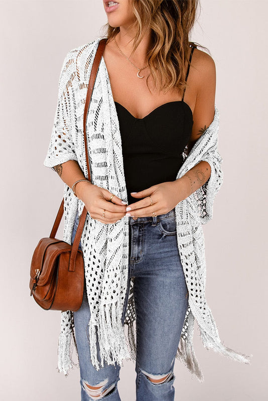 Trendsi White / One Size Openwork Open Front Cardigan with Fringes Openwork Open Front Cardigan with Fringes