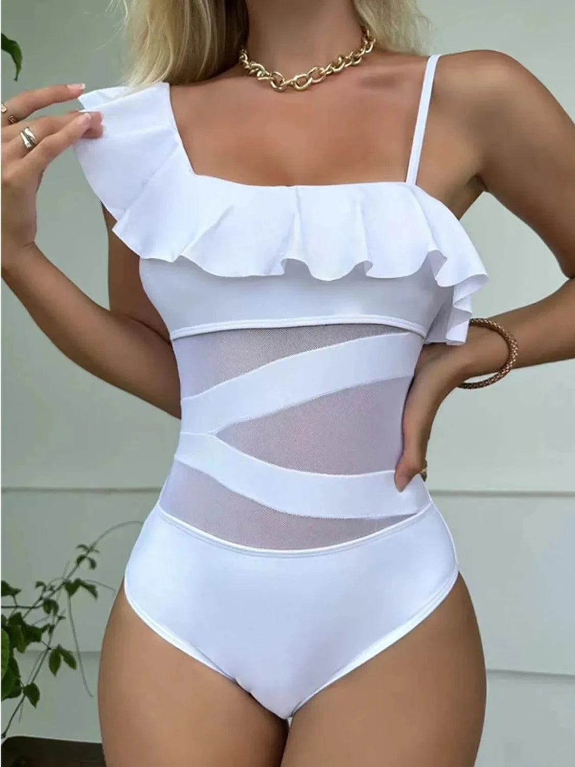 Trendsi White / S Asymmetrical Ruffled One-Piece Swimwear Asymmetrical Ruffled One-Piece Swimwear