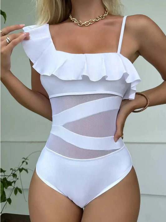Trendsi White / S Asymmetrical Ruffled One-Piece Swimwear Asymmetrical Ruffled One-Piece Swimwear