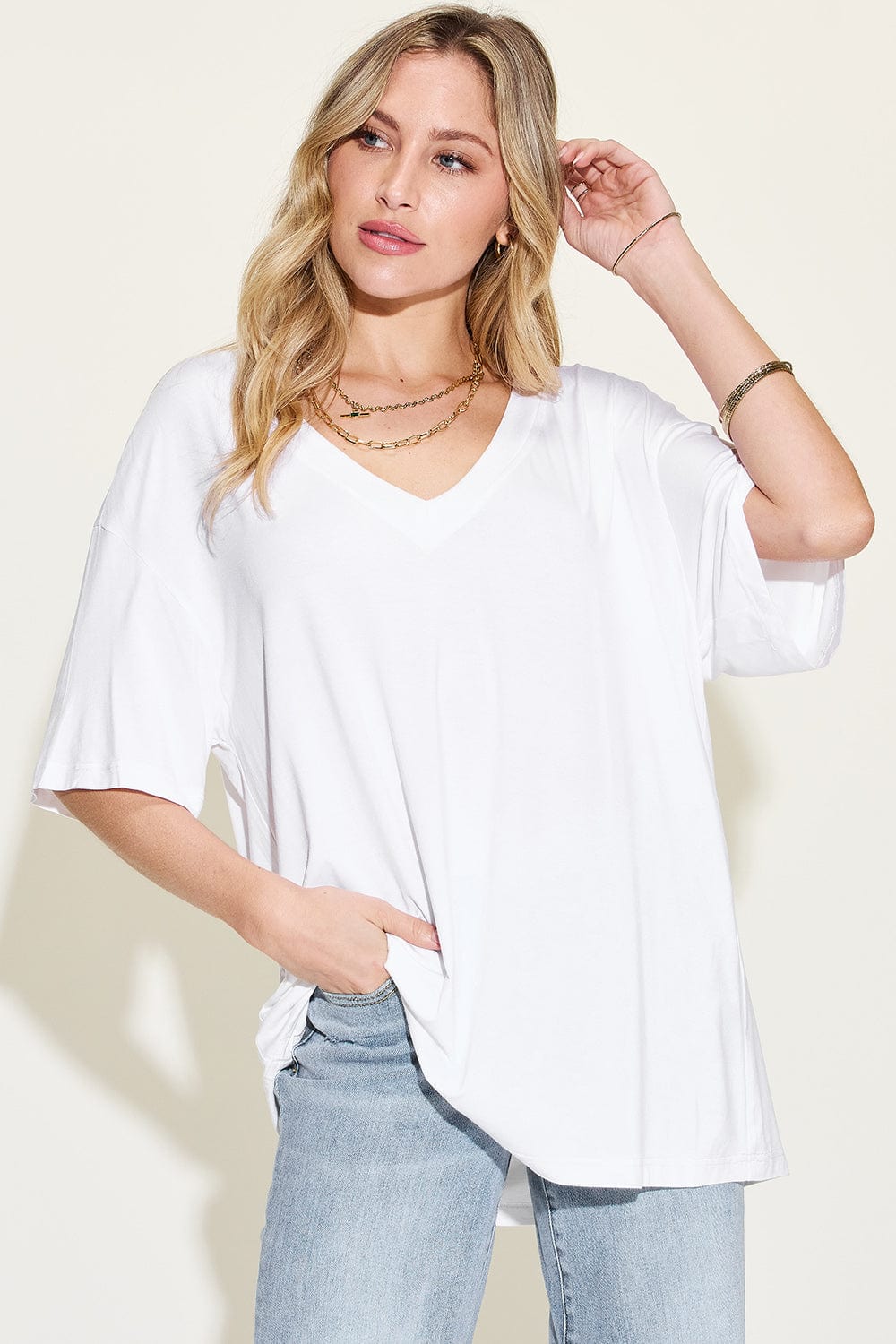 Trendsi White / S Basic Bae Full Size Bamboo V-Neck Drop Shoulder T-Shirt Basic Bae Full Size Bamboo V-Neck Drop Shoulder T-Shirt