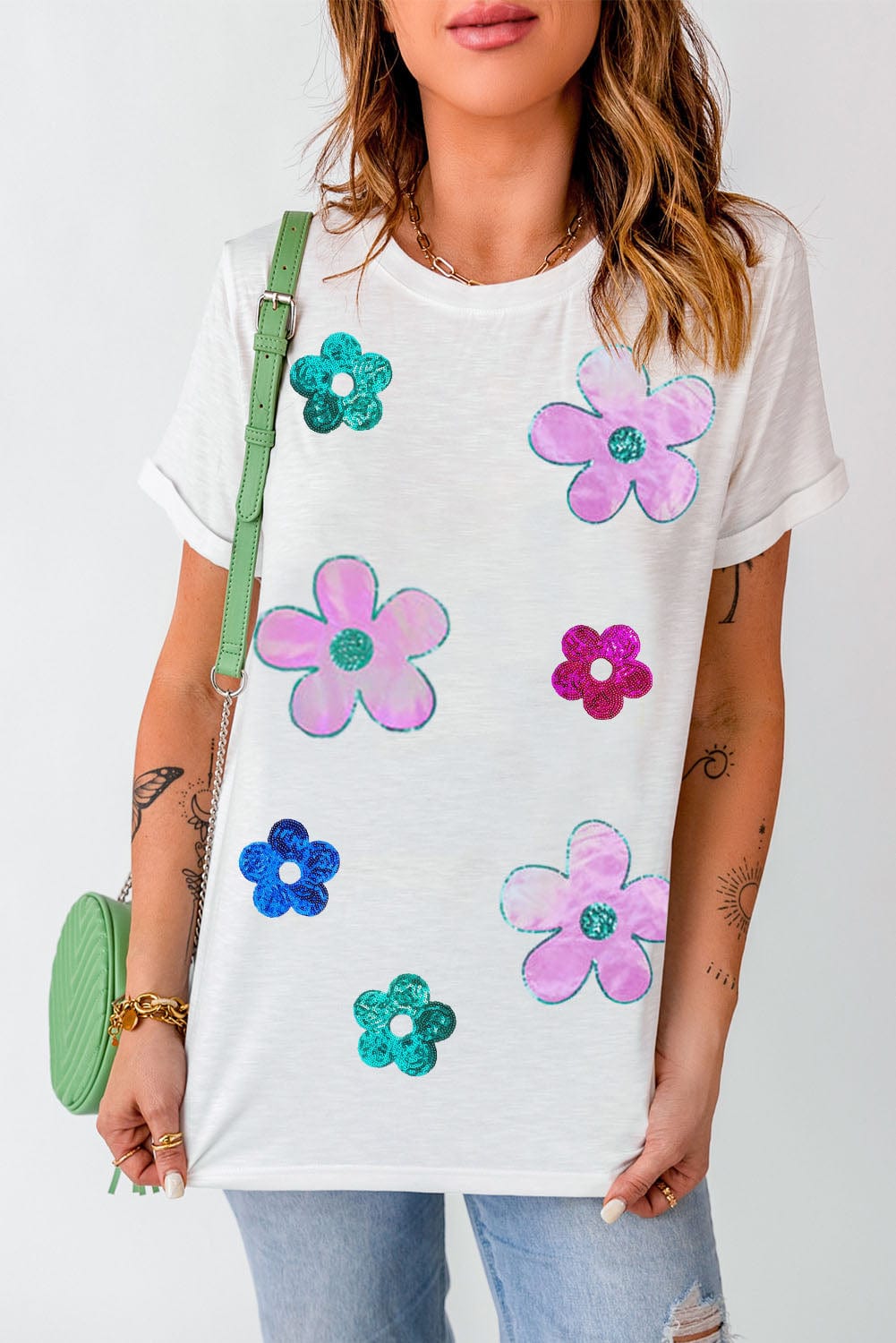 Trendsi White / S Flower Round Neck Short Sleeve T-Shirt Flower Round Neck Short Sleeve T-Shirt
