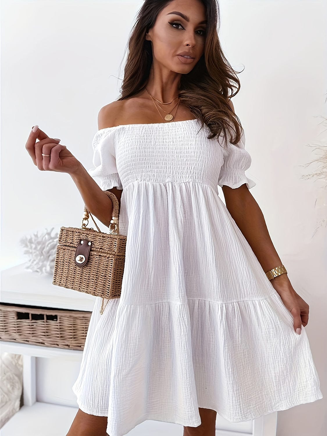 Trendsi White / S Full Size Ruffled Off-Shoulder Short Sleeve Dress Full Size Ruffled Off-Shoulder Short Sleeve Dress