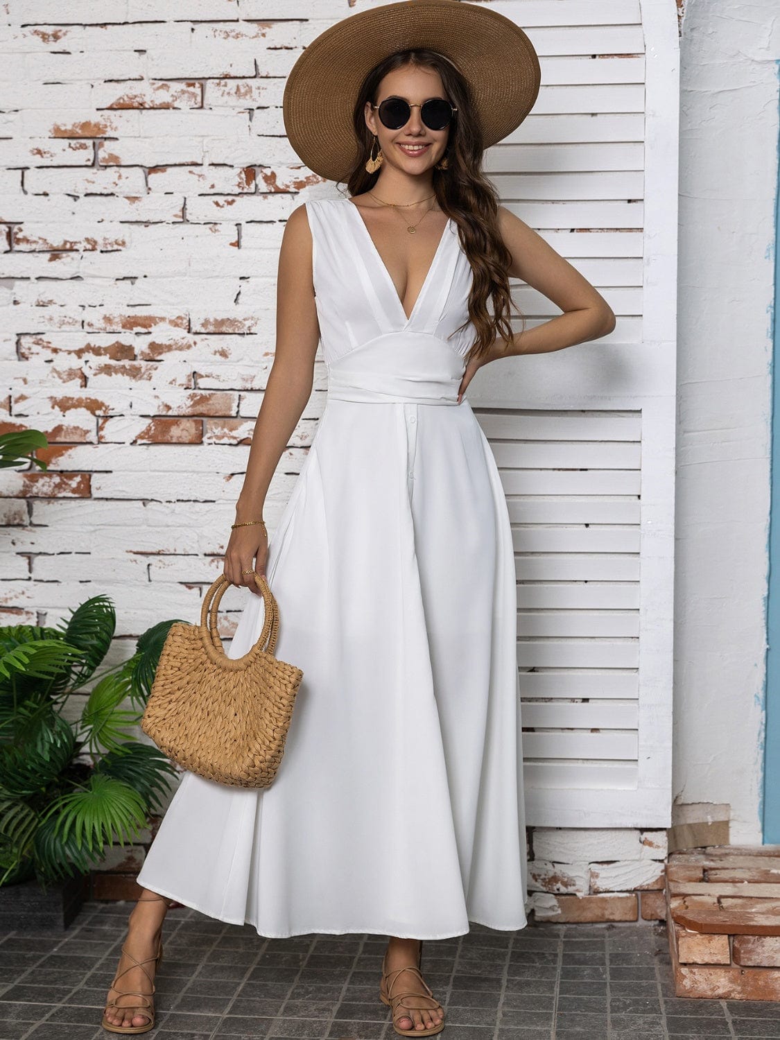 Trendsi White / S Full Size Slit V-Neck Sleeveless Midi Dress Full Size Slit V-Neck Sleeveless Midi Dress