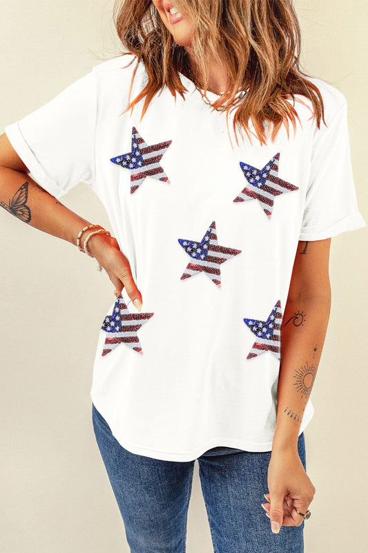 Trendsi White / S Sequin Star Round Neck Short Sleeve T-Shirt Sequin Star Round Neck Short Sleeve T-Shirt