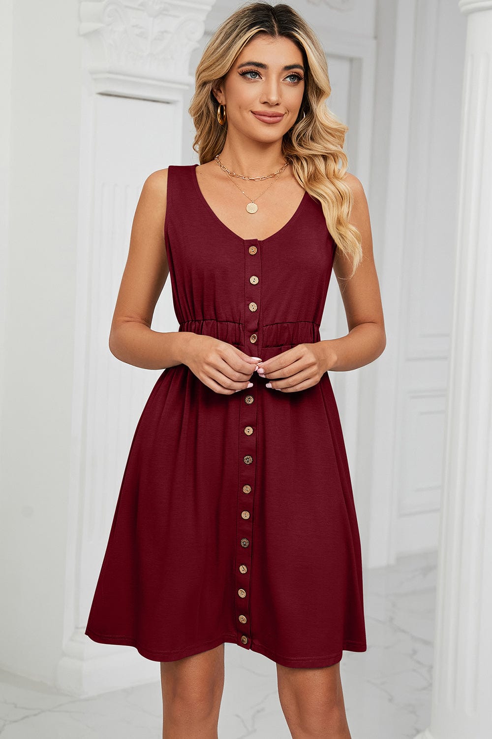 Trendsi Wine / S Buttoned Wide Strap Mini Dress Buttoned Wide Strap Mini Dress