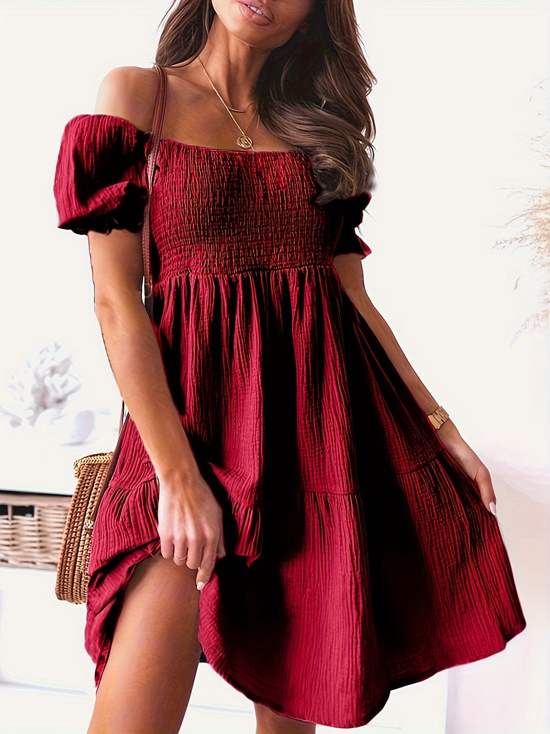 Trendsi Wine / S Full Size Ruffled Off-Shoulder Short Sleeve Dress Full Size Ruffled Off-Shoulder Short Sleeve Dress