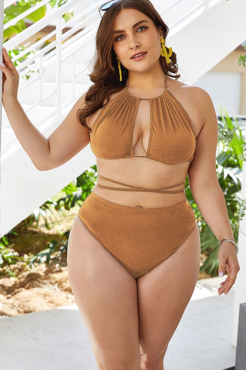 Trendsi Yellow / 2XL Plus Size Cutout Tied Backless Bikini Set Plus Size Cutout Tied Backless Bikini Set