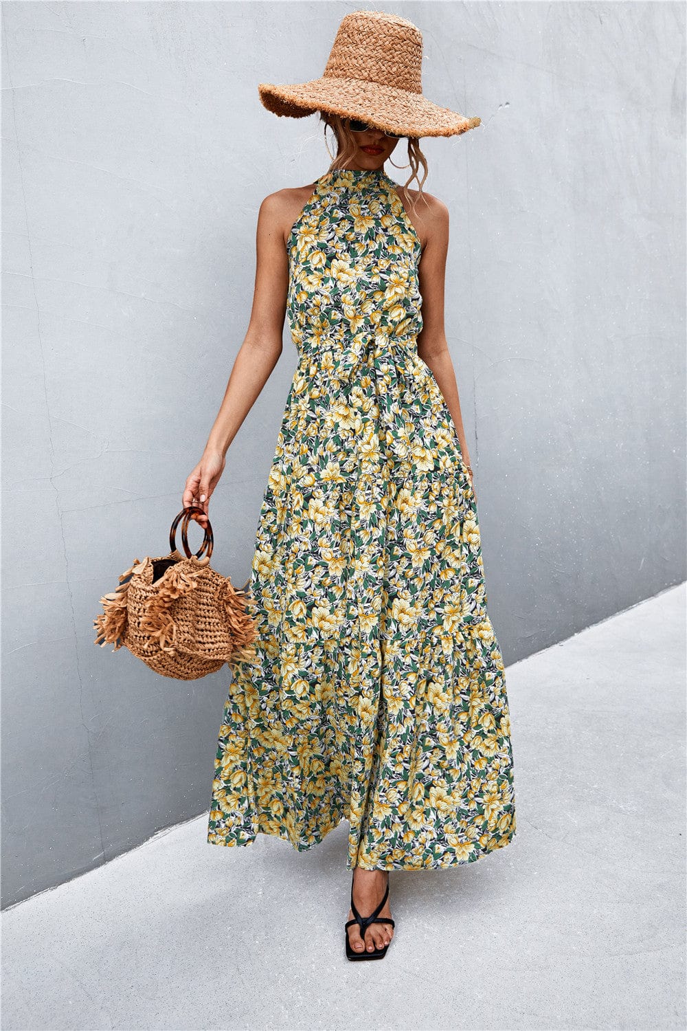Trendsi Yellow/Floral / S Printed Sleeveless Tie Waist Maxi Dress Printed Sleeveless Tie Waist Maxi Dress