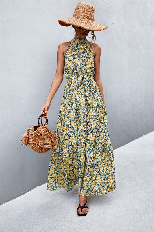 Trendsi Yellow/Floral / S Printed Sleeveless Tie Waist Maxi Dress Printed Sleeveless Tie Waist Maxi Dress