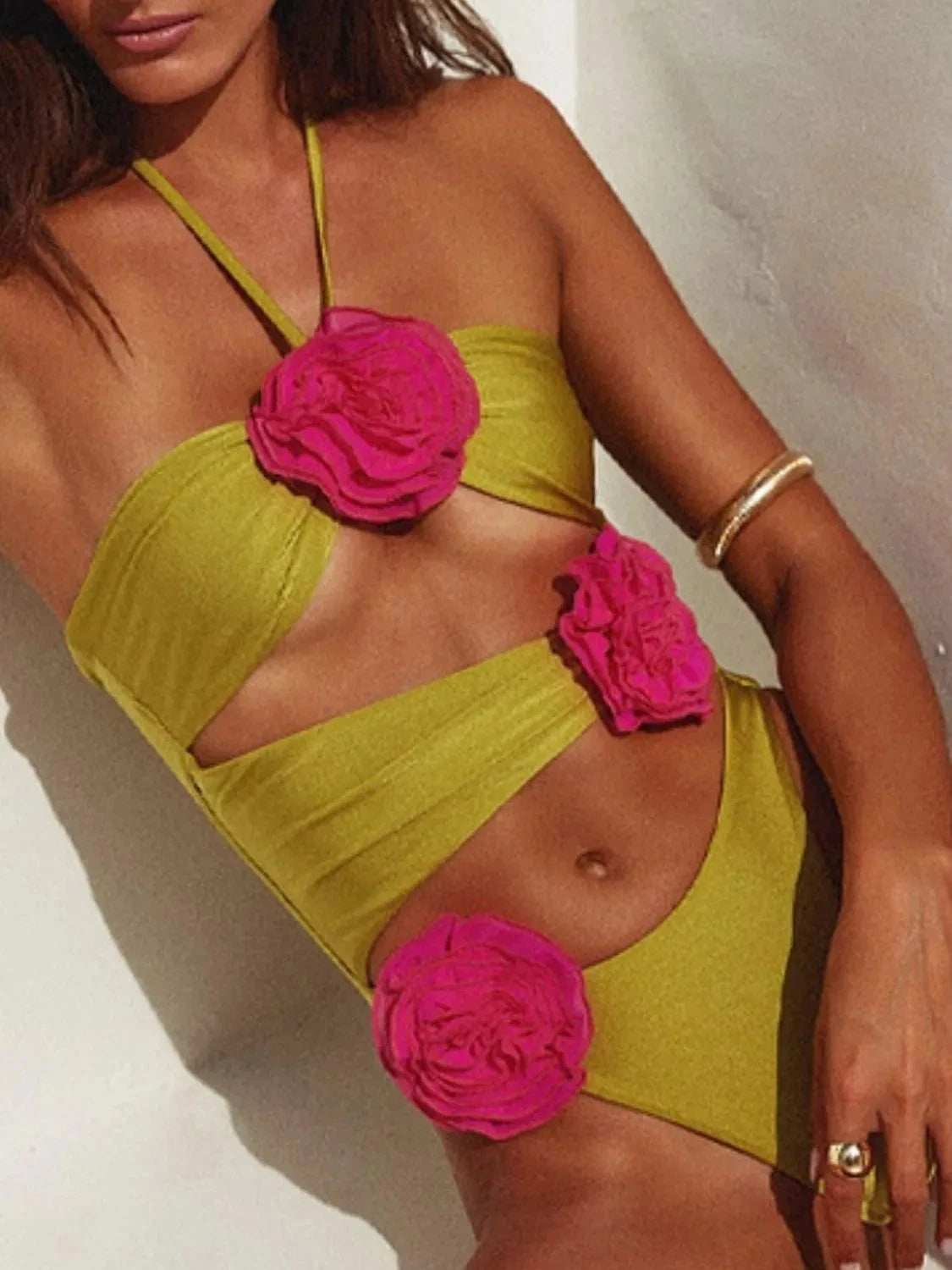 Trendsi Yellow-Green / S Flower Cutout Halter Neck One-Piece Swimwear Flower Cutout Halter Neck One-Piece Swimwear