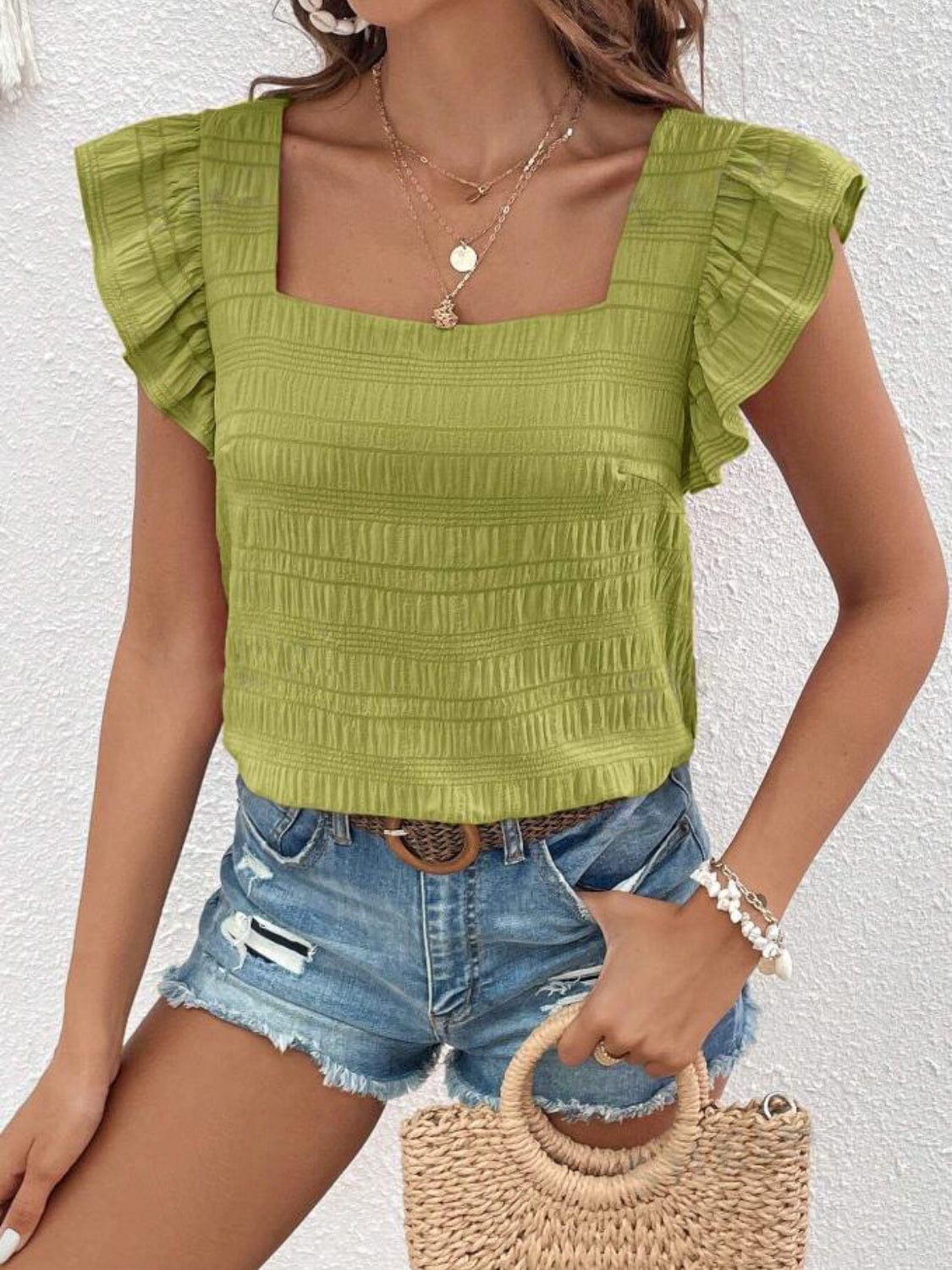 Trendsi Yellow-Green / S Ruffled Square Neck Cap Sleeve Blouse Ruffled Square Neck Cap Sleeve Blouse