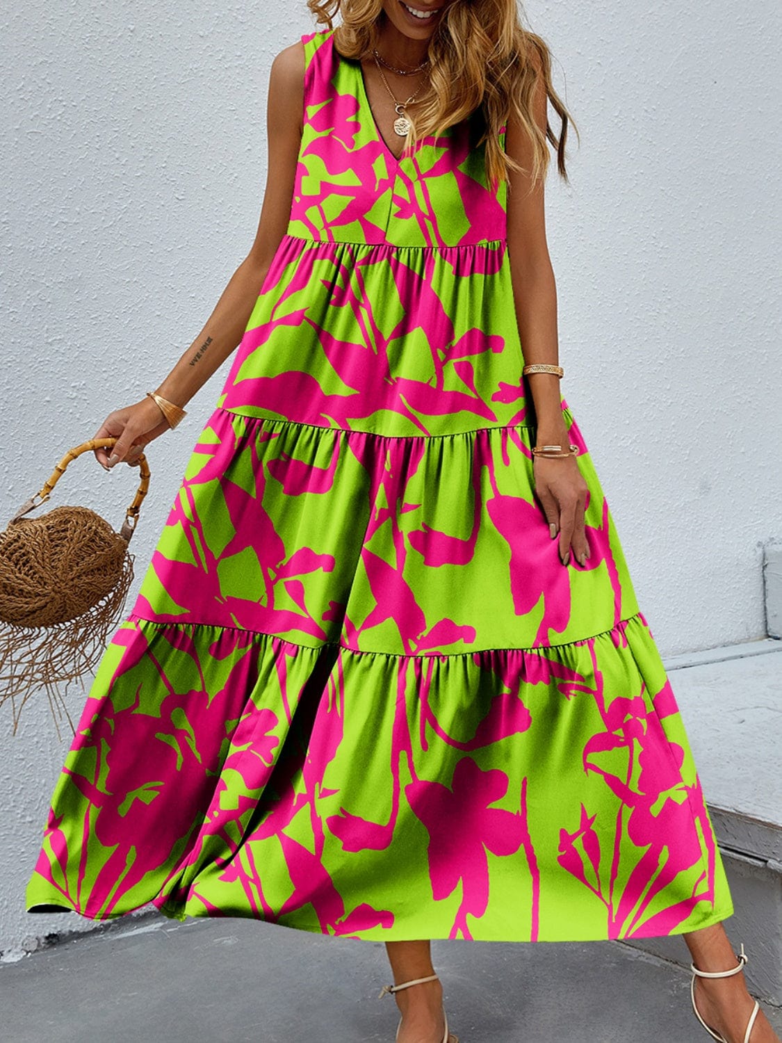 Trendsi Yellow-Green / S Tiered Printed V-Neck Sleeveless Dress Tiered Printed V-Neck Sleeveless Dress