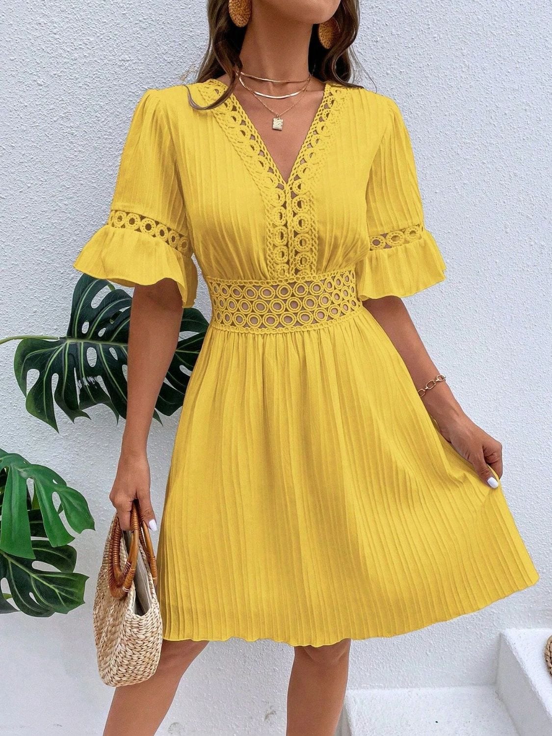 Trendsi Yellow / S Cutout V-Neck Flounce Sleeve Mini Dress Cutout V-Neck Flounce Sleeve Mini Dress