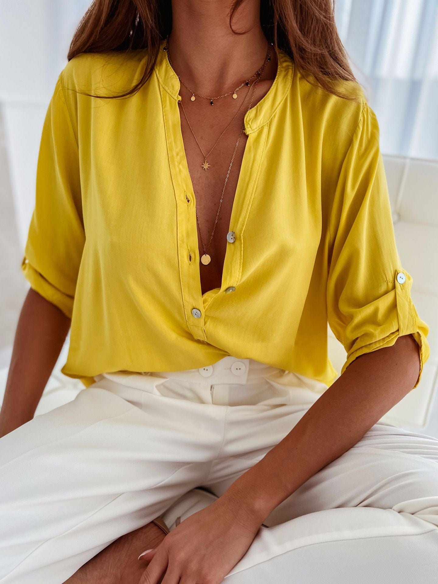 Trendsi Yellow / S Half Button Notched Half Sleeve Blouse Half Button Notched Half Sleeve Blouse