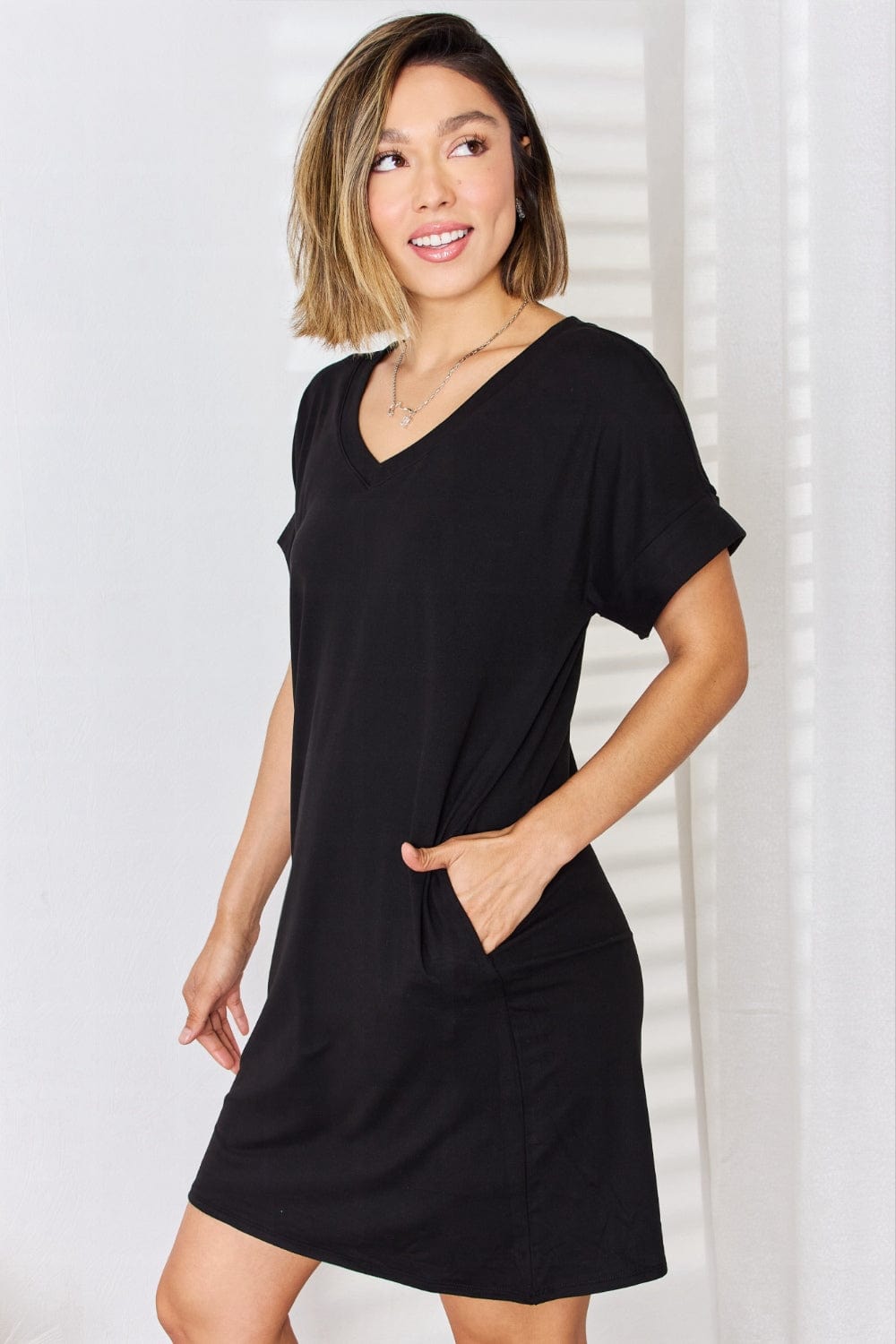 Trendsi Zenana Full Size Rolled Short Sleeve V-Neck Dress Zenana Full Size Rolled Short Sleeve V-Neck Dress