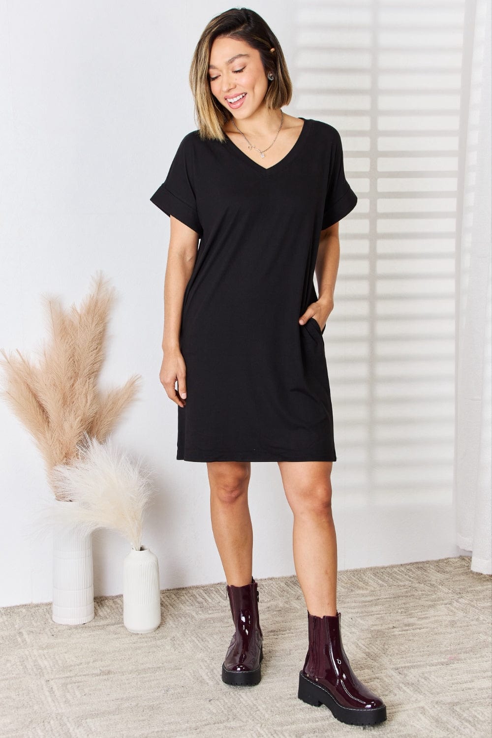 Trendsi Zenana Full Size Rolled Short Sleeve V-Neck Dress Zenana Full Size Rolled Short Sleeve V-Neck Dress