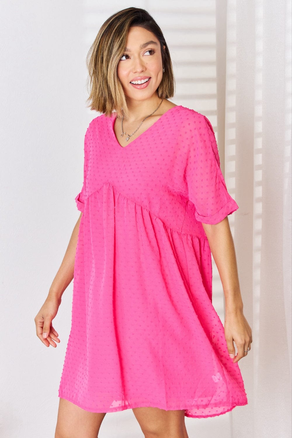 Trendsi Zenana Swiss Dot Rolled Short Sleeve Babydoll Dress Zenana Swiss Dot Rolled Short Sleeve Babydoll Dress