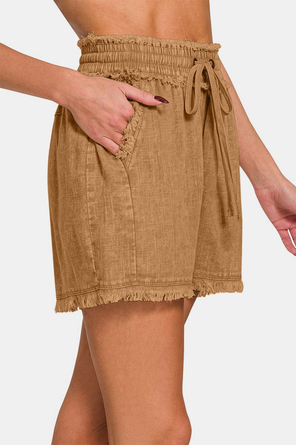 Trendsi Zenana Washed Linen Frayed Hem Drawstring Shorts Zenana Washed Linen Frayed Hem Drawstring Shorts