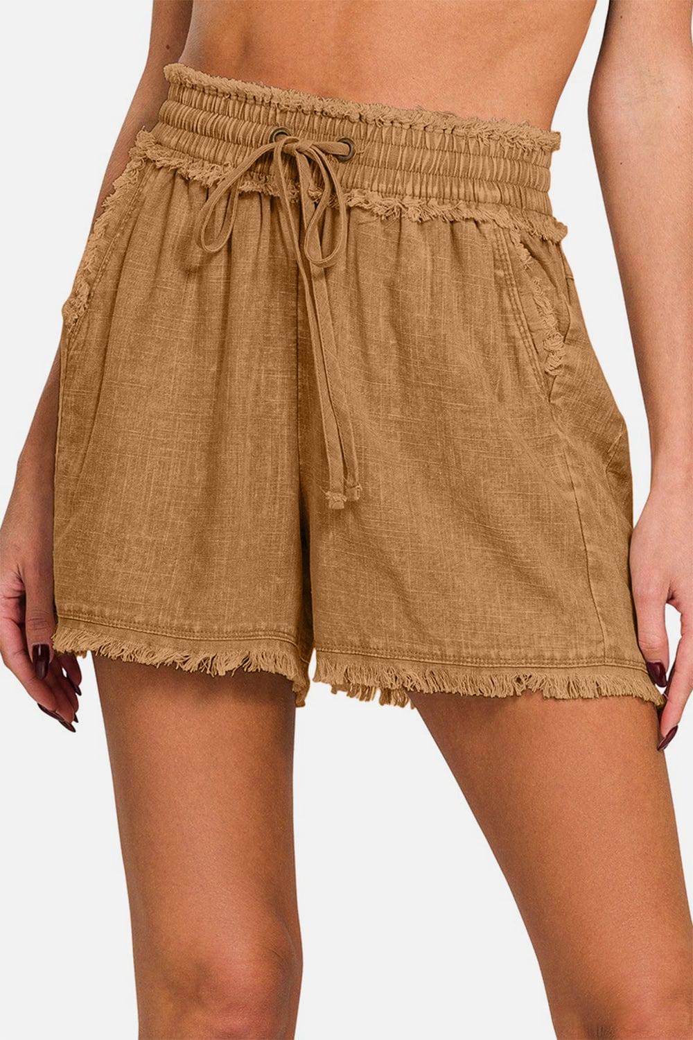 Trendsi Zenana Washed Linen Frayed Hem Drawstring Shorts Zenana Washed Linen Frayed Hem Drawstring Shorts