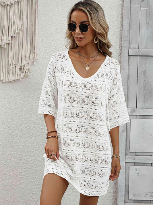 Openwork V-Neck Knit Coverup Dress - Basic Beaches Collective