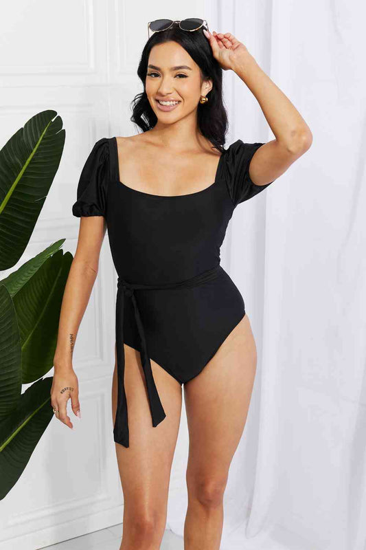 Salty Air Puff Sleeve One-Piece in Black - Basic Beaches Collective