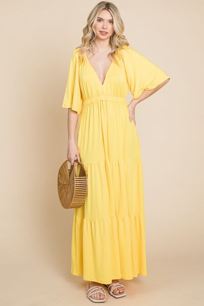 Culture Code Backless Plunge Half Sleeve Tiered Dress - Basic Beaches Collective