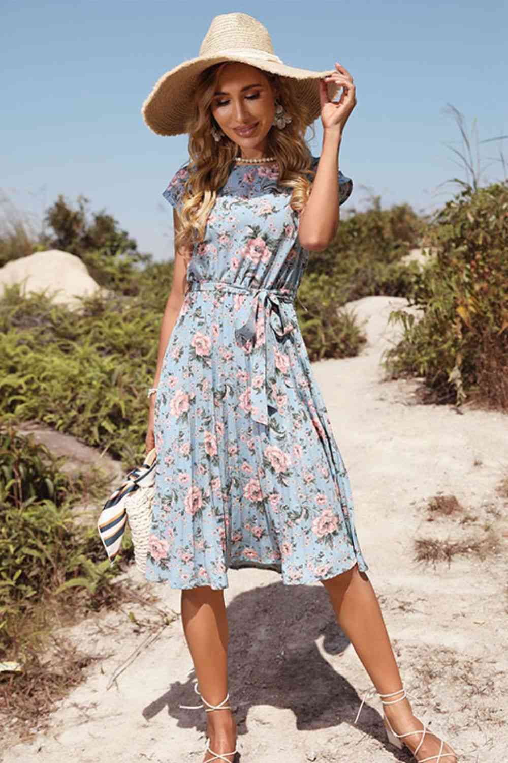Breezy Floral Tie-Waist Pleated Dress - Basic Beaches Collective