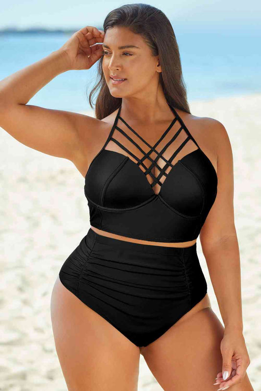 Halter Neck Crisscross Ruched Two-Piece Swimsuit - Basic Beaches Collective