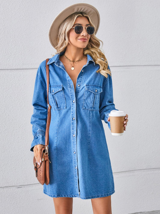 Pocketed Dropped Shoulder Mini Denim Dress - Basic Beaches Collective