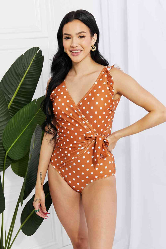 The Vivian - Ruffle Faux Wrap One-Piece in Terracotta - Basic Beaches Collective