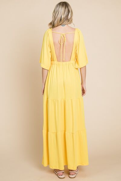 Culture Code Backless Plunge Half Sleeve Tiered Dress - Basic Beaches Collective