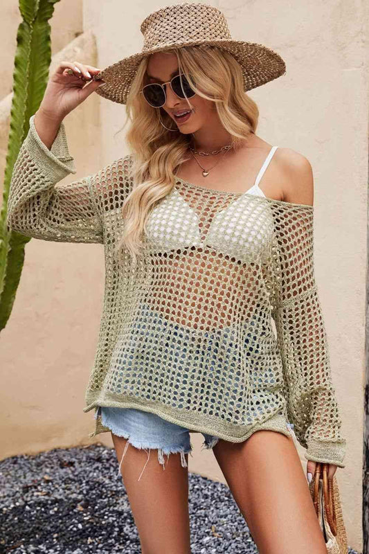 Crochet Open Weave Long Sleeve Cover Up - Basic Beaches Collective