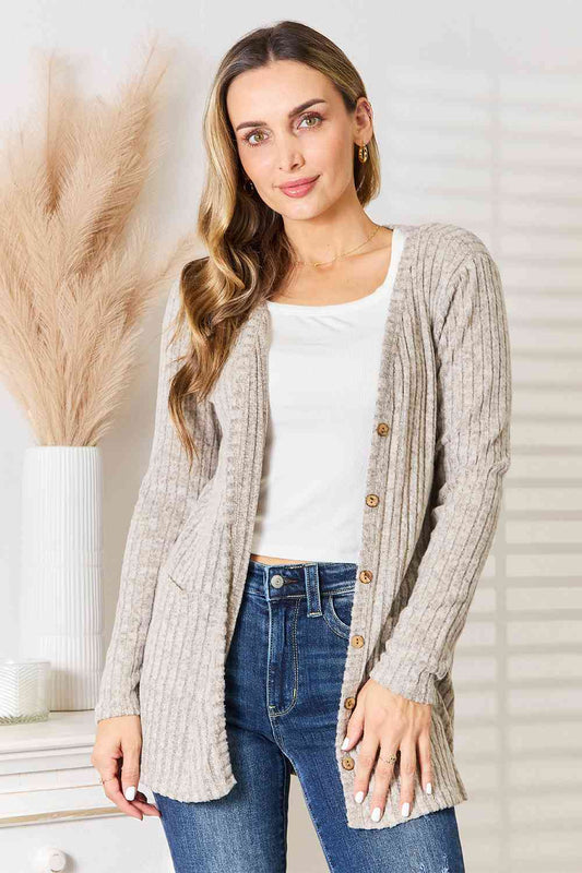 Double Take Ribbed Button-Up Cardigan with Pockets - Basic Beaches Collective