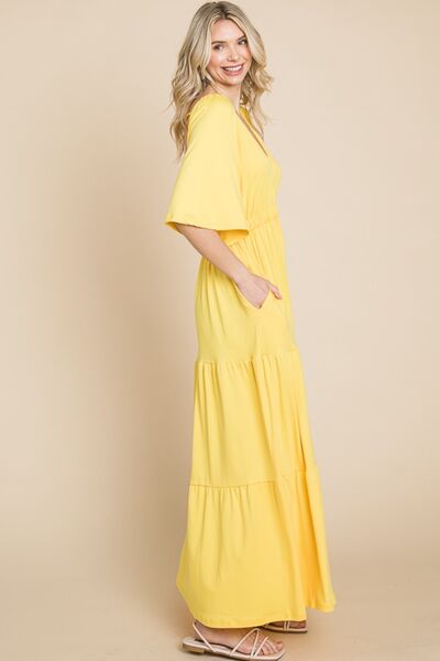 Culture Code Backless Plunge Half Sleeve Tiered Dress - Basic Beaches Collective